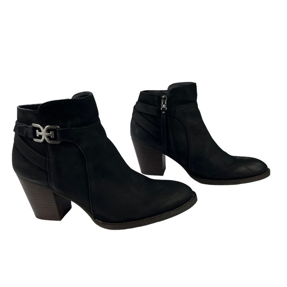 Sam Edelman Morgan Black Nubuck Leather Ankle Boots Stacked Block Heel Size 9.5‎ - Picture 3 of 14